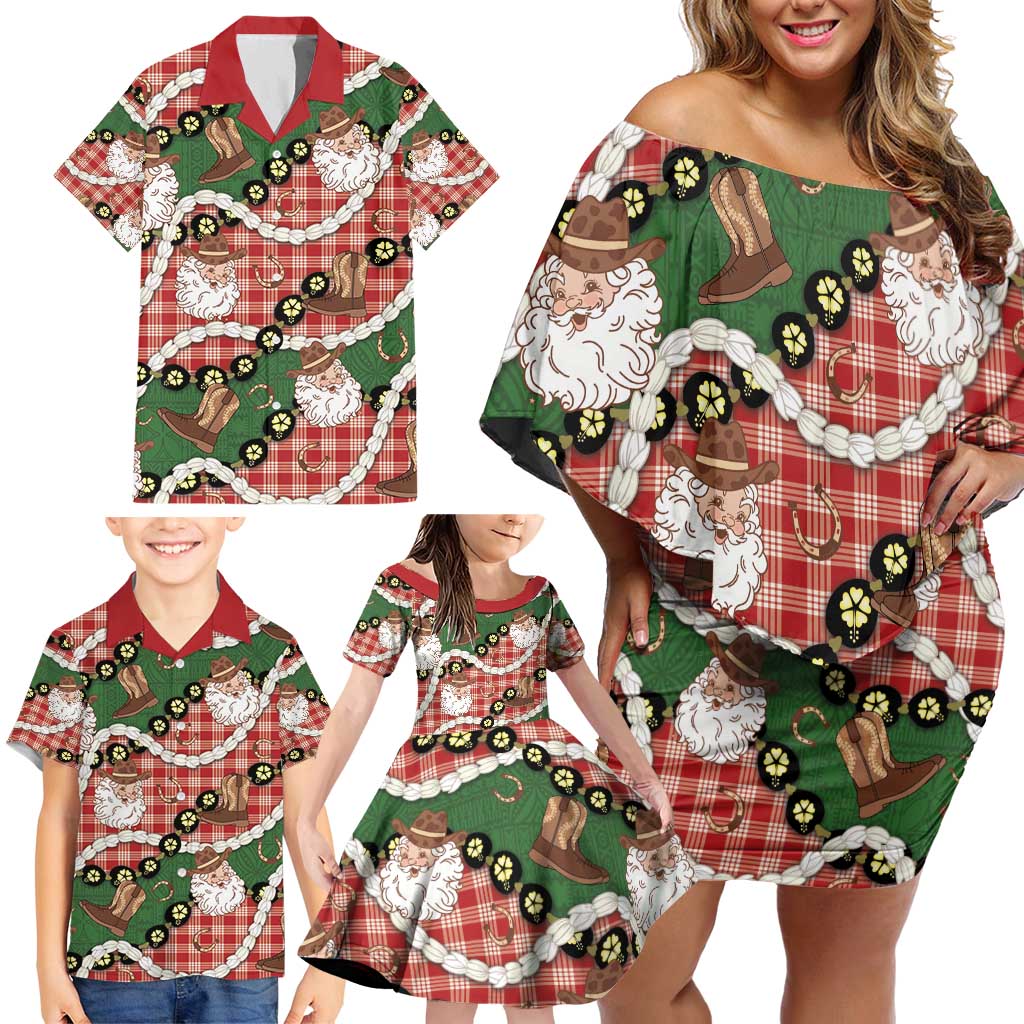 Cowboy Hawaii Mele Kalikimaka Family Matching Off Shoulder Short Dress and Hawaiian Shirt Paniolo Kukui Nut Pikake Lei Red Version - Polynesian Pride