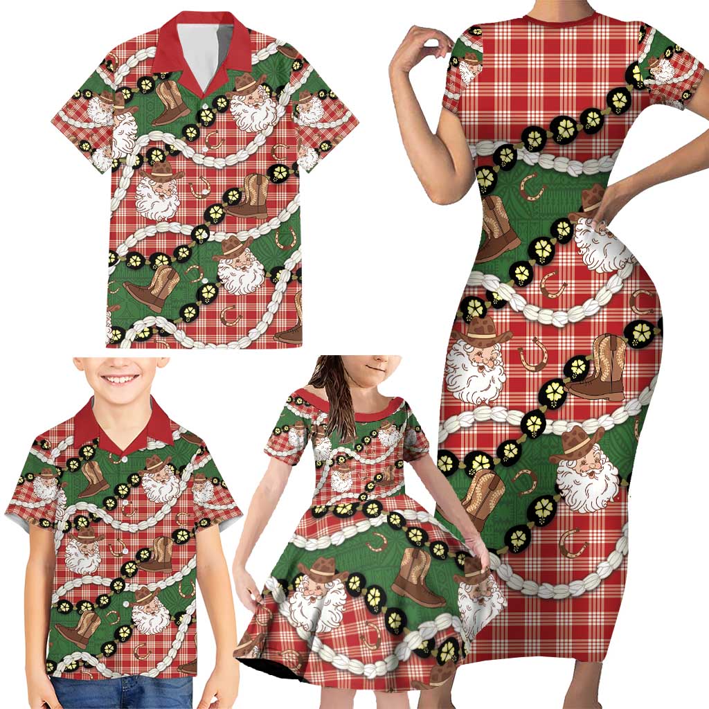 Cowboy Hawaii Mele Kalikimaka Family Matching Short Sleeve Bodycon Dress and Hawaiian Shirt Paniolo Kukui Nut Pikake Lei Red Version - Polynesian Pride