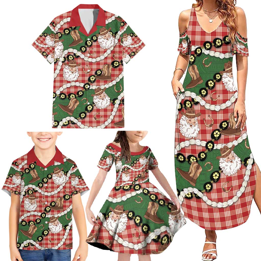 Cowboy Hawaii Mele Kalikimaka Family Matching Summer Maxi Dress and Hawaiian Shirt Paniolo Kukui Nut Pikake Lei Red Version - Polynesian Pride