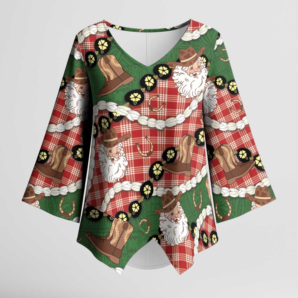 Cowboy Hawaii Mele Kalikimaka Kimono Sleeve Blouse Paniolo Kukui Nut Pikake Lei Red Version - Polynesian Pride