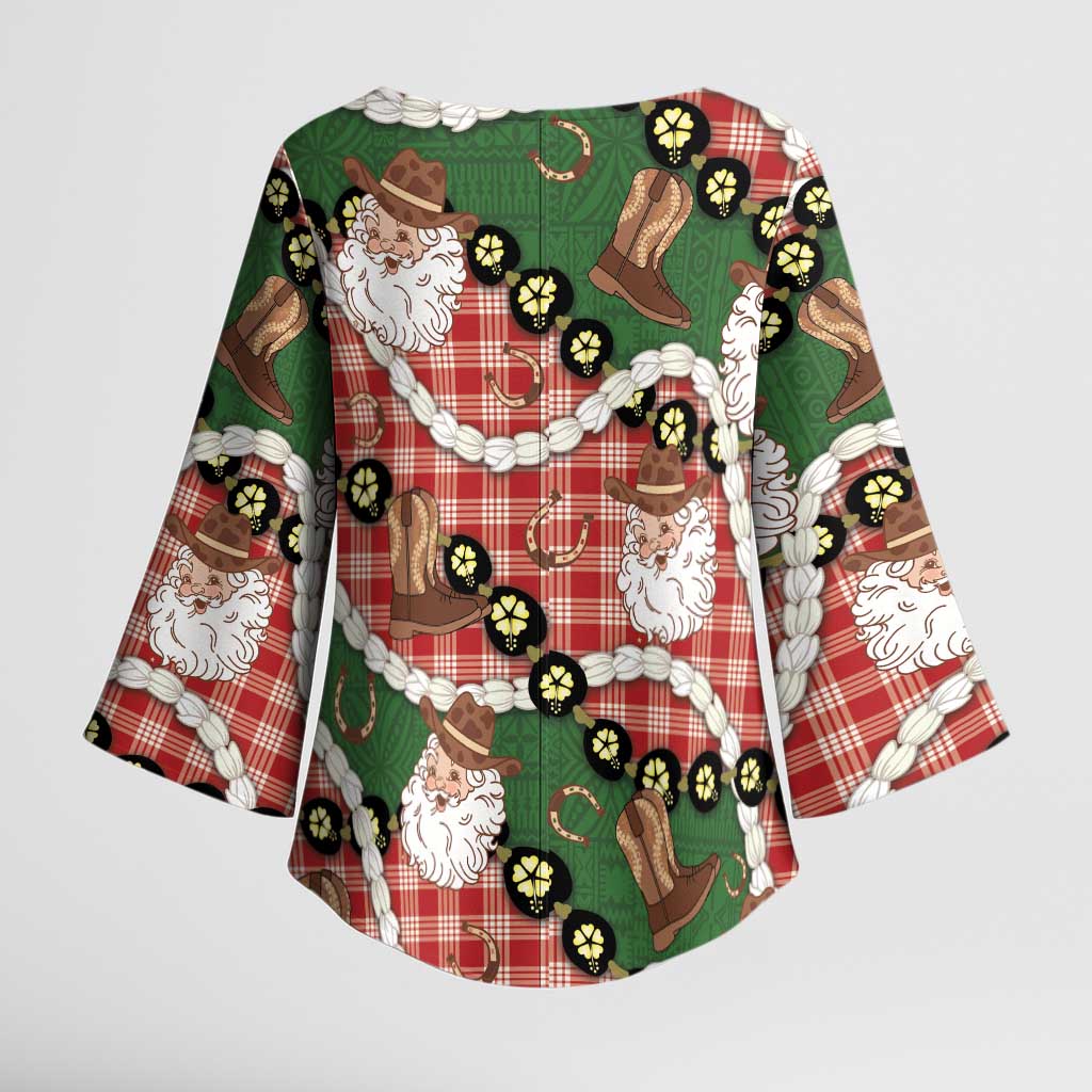 Cowboy Hawaii Mele Kalikimaka Kimono Sleeve Blouse Paniolo Kukui Nut Pikake Lei Red Version - Polynesian Pride