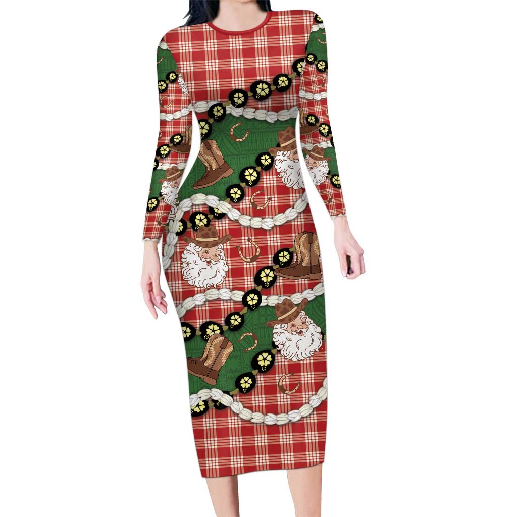 Cowboy Hawaii Mele Kalikimaka Long Sleeve Bodycon Dress Paniolo Kukui Nut Pikake Lei Red Version - Polynesian Pride