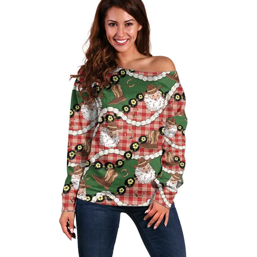 Cowboy Hawaii Mele Kalikimaka Off Shoulder Sweater Paniolo Kukui Nut Pikake Lei Red Version - Polynesian Pride
