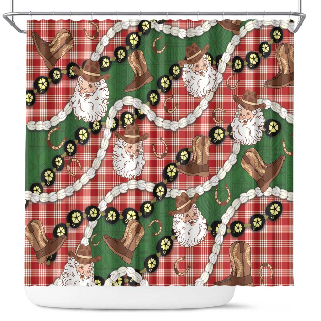 Cowboy Hawaii Mele Kalikimaka Shower Curtain Paniolo Kukui Nut Pikake Lei Red Version - Polynesian Pride