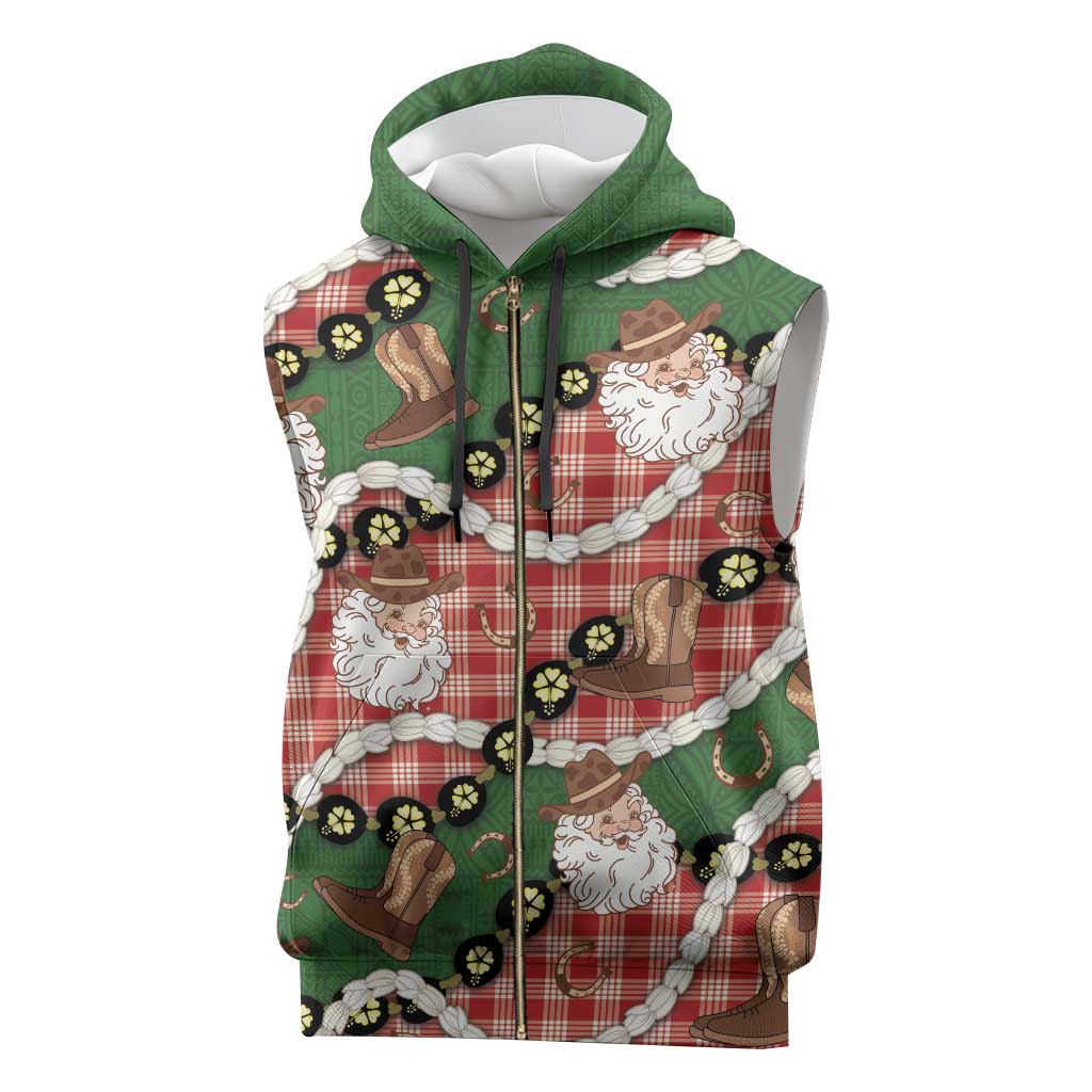 Cowboy Hawaii Mele Kalikimaka Sleeveless Zip Hoodie Paniolo Kukui Nut Pikake Lei Red Version - Polynesian Pride