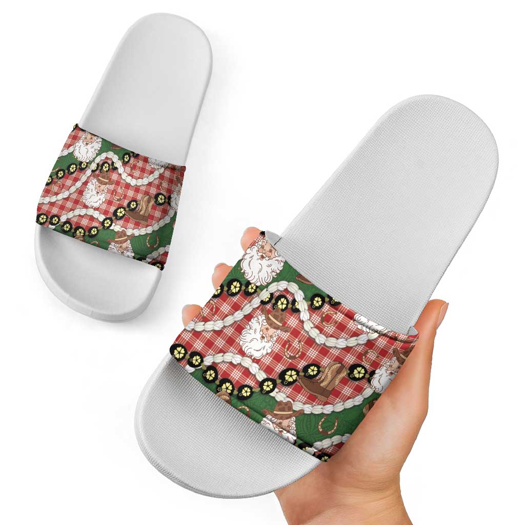 Cowboy Hawaii Mele Kalikimaka Slide Sandals Paniolo Kukui Nut Pikake Lei Red Version - Polynesian Pride