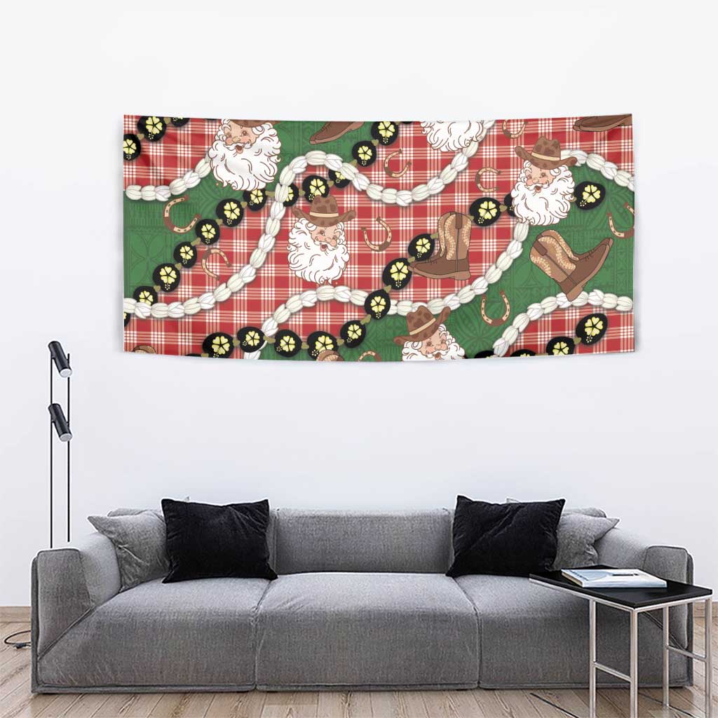 Cowboy Hawaii Mele Kalikimaka Tapestry Paniolo Kukui Nut Pikake Lei Red Version - Polynesian Pride