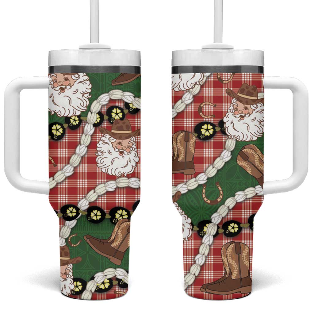 Cowboy Hawaii Mele Kalikimaka Tumbler With Handle Paniolo Kukui Nut Pikake Lei Red Version - Polynesian Pride