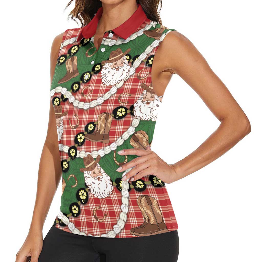 Cowboy Hawaii Mele Kalikimaka Women Sleeveless Polo Shirt Paniolo Kukui Nut Pikake Lei Red Version - Polynesian Pride