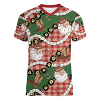 Cowboy Hawaii Mele Kalikimaka Women V-Neck T-Shirt Paniolo Kukui Nut Pikake Lei Red Version - Polynesian Pride