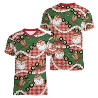 Cowboy Hawaii Mele Kalikimaka Women V-Neck T-Shirt Paniolo Kukui Nut Pikake Lei Red Version - Polynesian Pride