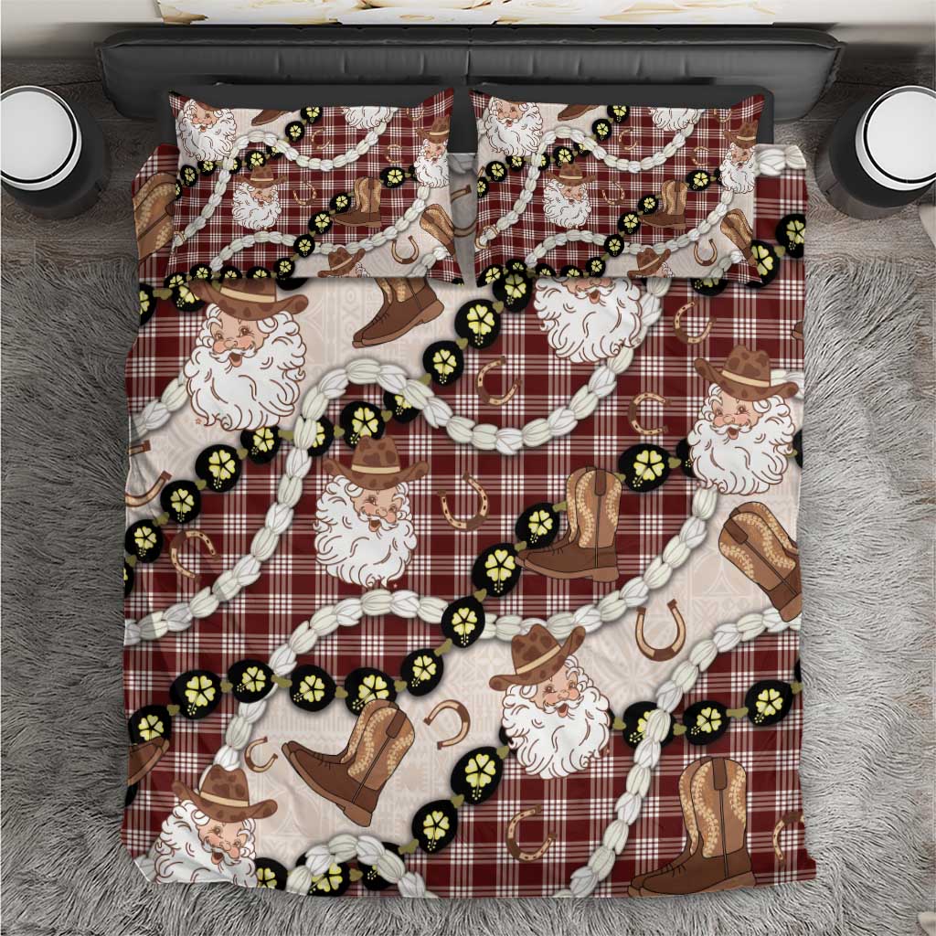 Cowboy Hawaii Mele Kalikimaka Bedding Set Paniolo Kukui Nut Pikake Lei Burgundy Version - Polynesian Pride