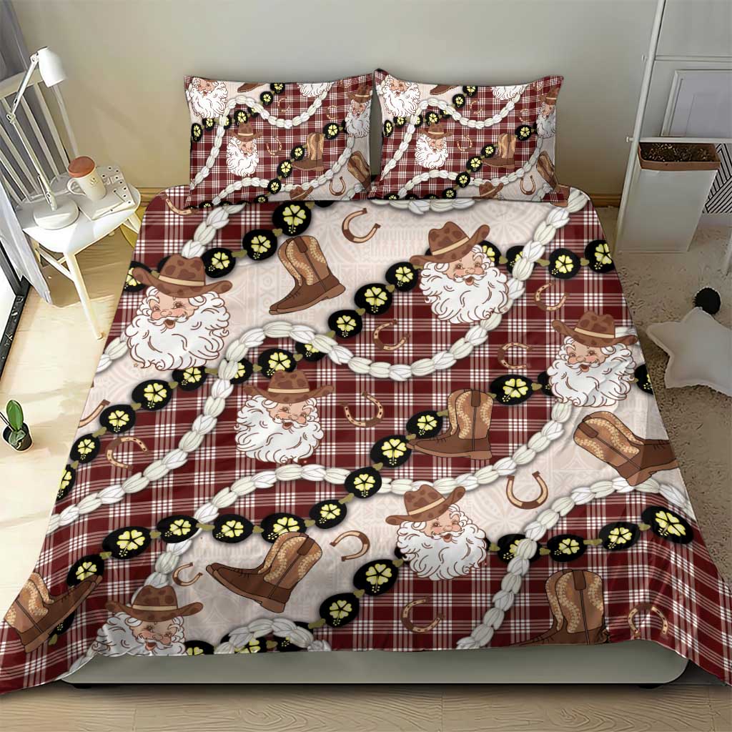 Cowboy Hawaii Mele Kalikimaka Bedding Set Paniolo Kukui Nut Pikake Lei Burgundy Version - Polynesian Pride