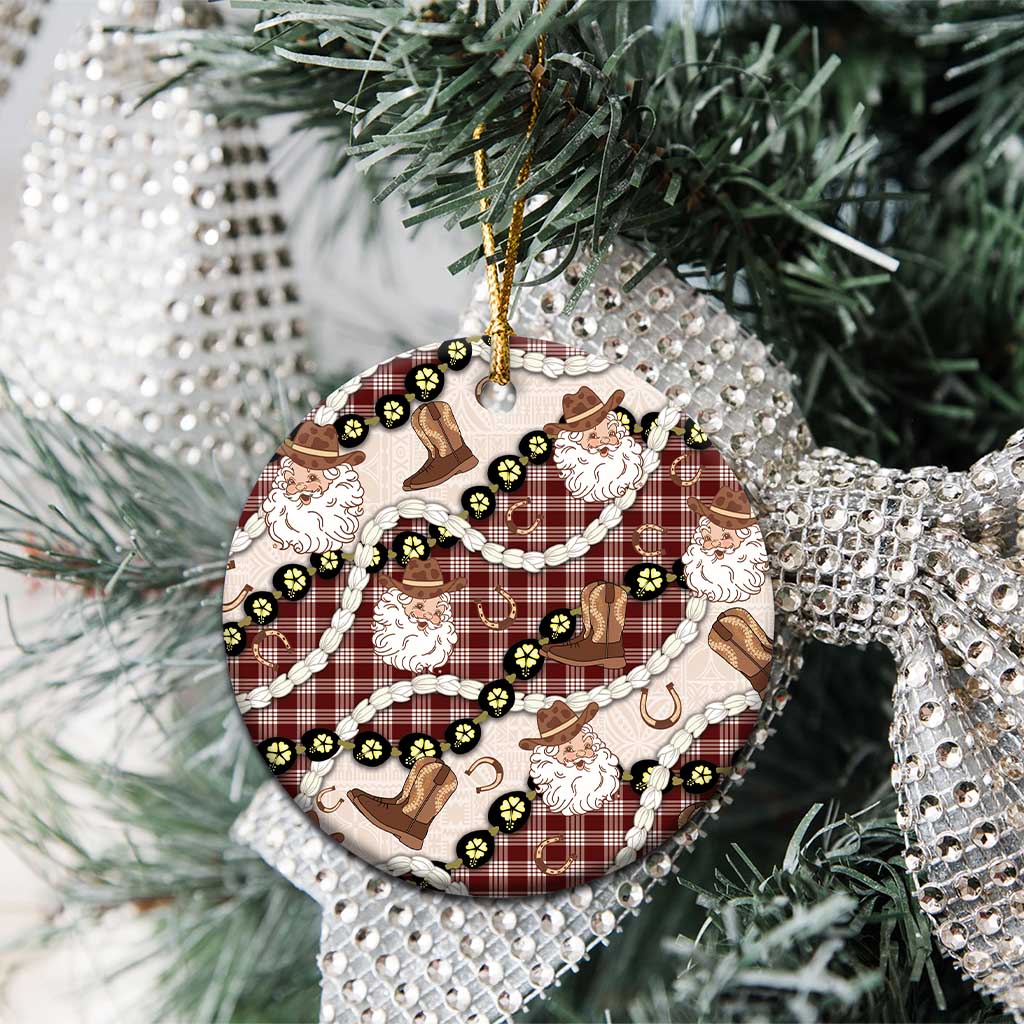 Cowboy Hawaii Mele Kalikimaka Ceramic Ornament Paniolo Kukui Nut Pikake Lei Burgundy Version - Polynesian Pride