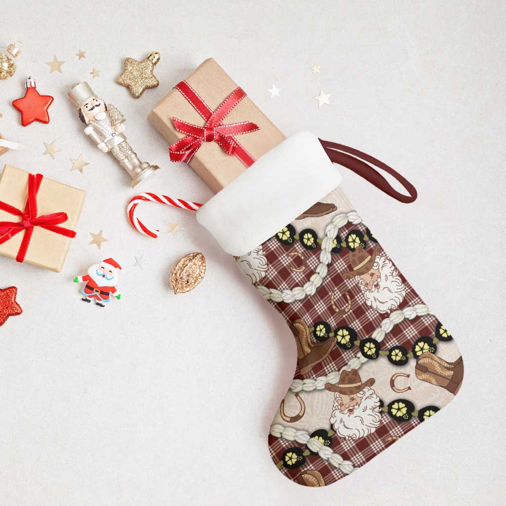 Cowboy Hawaii Mele Kalikimaka Christmas Stocking Paniolo Kukui Nut Pikake Lei Burgundy Version - Polynesian Pride