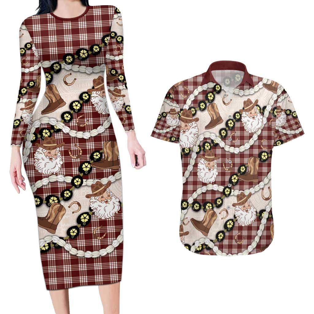 Cowboy Hawaii Mele Kalikimaka Couples Matching Long Sleeve Bodycon Dress and Hawaiian Shirt Paniolo Kukui Nut Pikake Lei Burgundy Version - Polynesian Pride