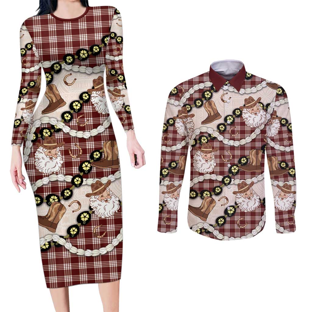 Cowboy Hawaii Mele Kalikimaka Couples Matching Long Sleeve Bodycon Dress and Long Sleeve Button Shirt Paniolo Kukui Nut Pikake Lei Burgundy Version - Polynesian Pride