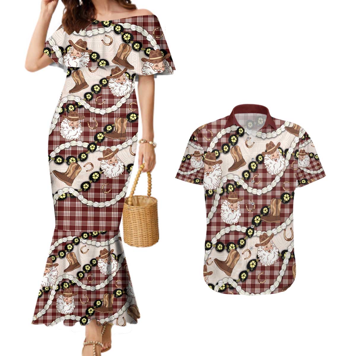 Cowboy Hawaii Mele Kalikimaka Couples Matching Mermaid Dress and Hawaiian Shirt Paniolo Kukui Nut Pikake Lei Burgundy Version - Polynesian Pride