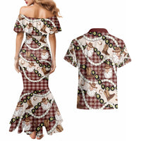 Cowboy Hawaii Mele Kalikimaka Couples Matching Mermaid Dress and Hawaiian Shirt Paniolo Kukui Nut Pikake Lei Burgundy Version - Polynesian Pride