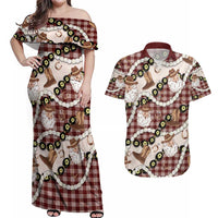 Cowboy Hawaii Mele Kalikimaka Couples Matching Off Shoulder Maxi Dress and Hawaiian Shirt Paniolo Kukui Nut Pikake Lei Burgundy Version - Polynesian Pride