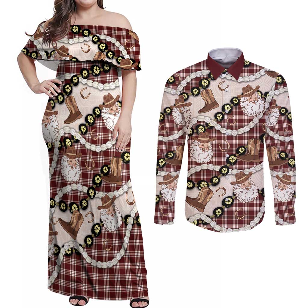 Cowboy Hawaii Mele Kalikimaka Couples Matching Off Shoulder Maxi Dress and Long Sleeve Button Shirt Paniolo Kukui Nut Pikake Lei Burgundy Version - Polynesian Pride