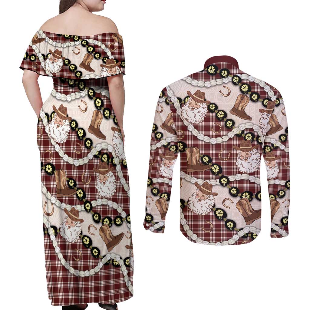 Cowboy Hawaii Mele Kalikimaka Couples Matching Off Shoulder Maxi Dress and Long Sleeve Button Shirt Paniolo Kukui Nut Pikake Lei Burgundy Version - Polynesian Pride