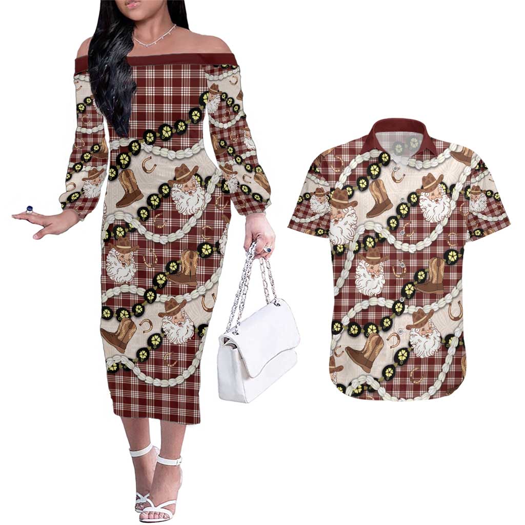 Cowboy Hawaii Mele Kalikimaka Couples Matching Off The Shoulder Long Sleeve Dress and Hawaiian Shirt Paniolo Kukui Nut Pikake Lei Burgundy Version - Polynesian Pride
