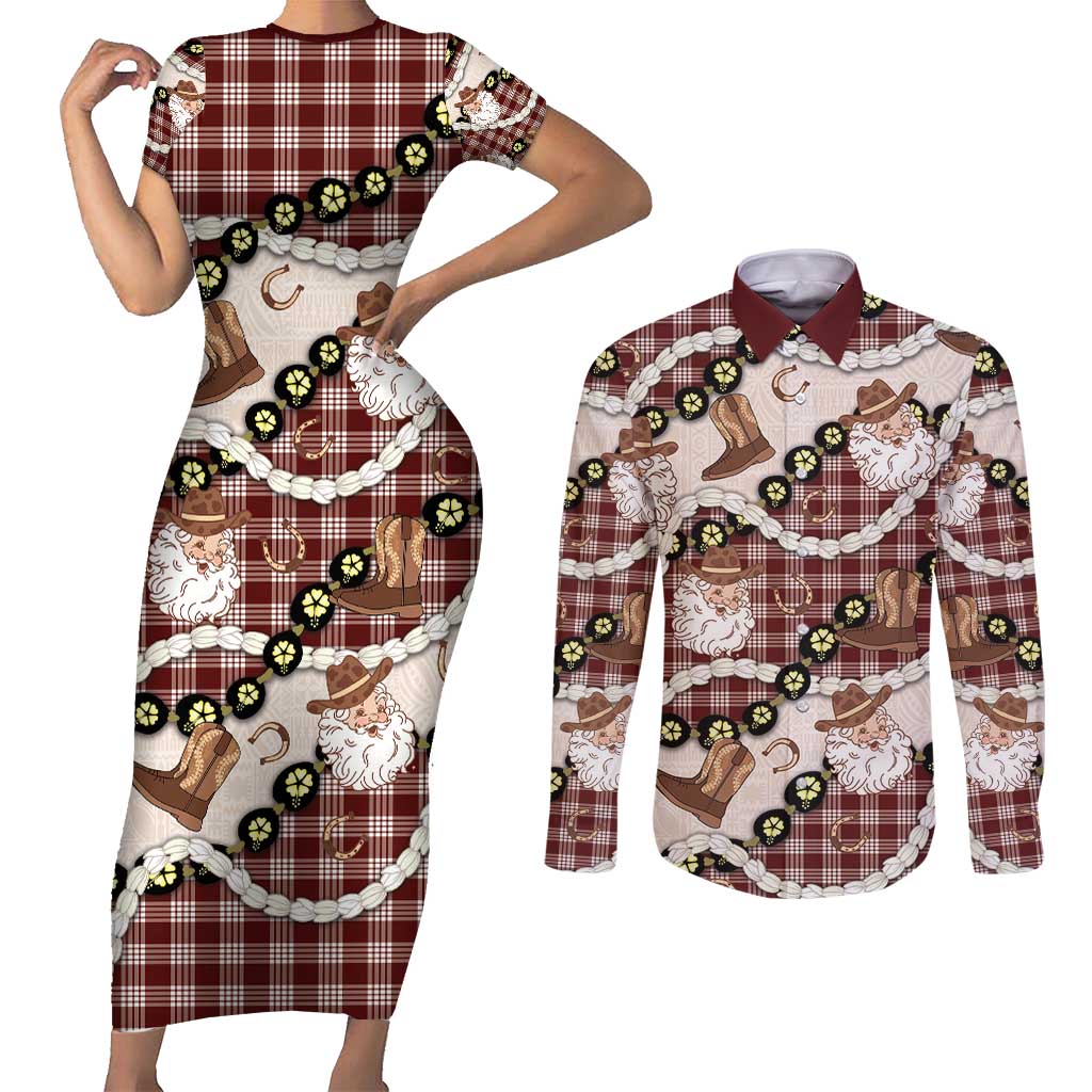 Cowboy Hawaii Mele Kalikimaka Couples Matching Short Sleeve Bodycon Dress and Long Sleeve Button Shirt Paniolo Kukui Nut Pikake Lei Burgundy Version - Polynesian Pride