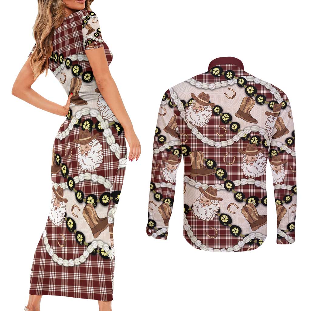 Cowboy Hawaii Mele Kalikimaka Couples Matching Short Sleeve Bodycon Dress and Long Sleeve Button Shirt Paniolo Kukui Nut Pikake Lei Burgundy Version - Polynesian Pride