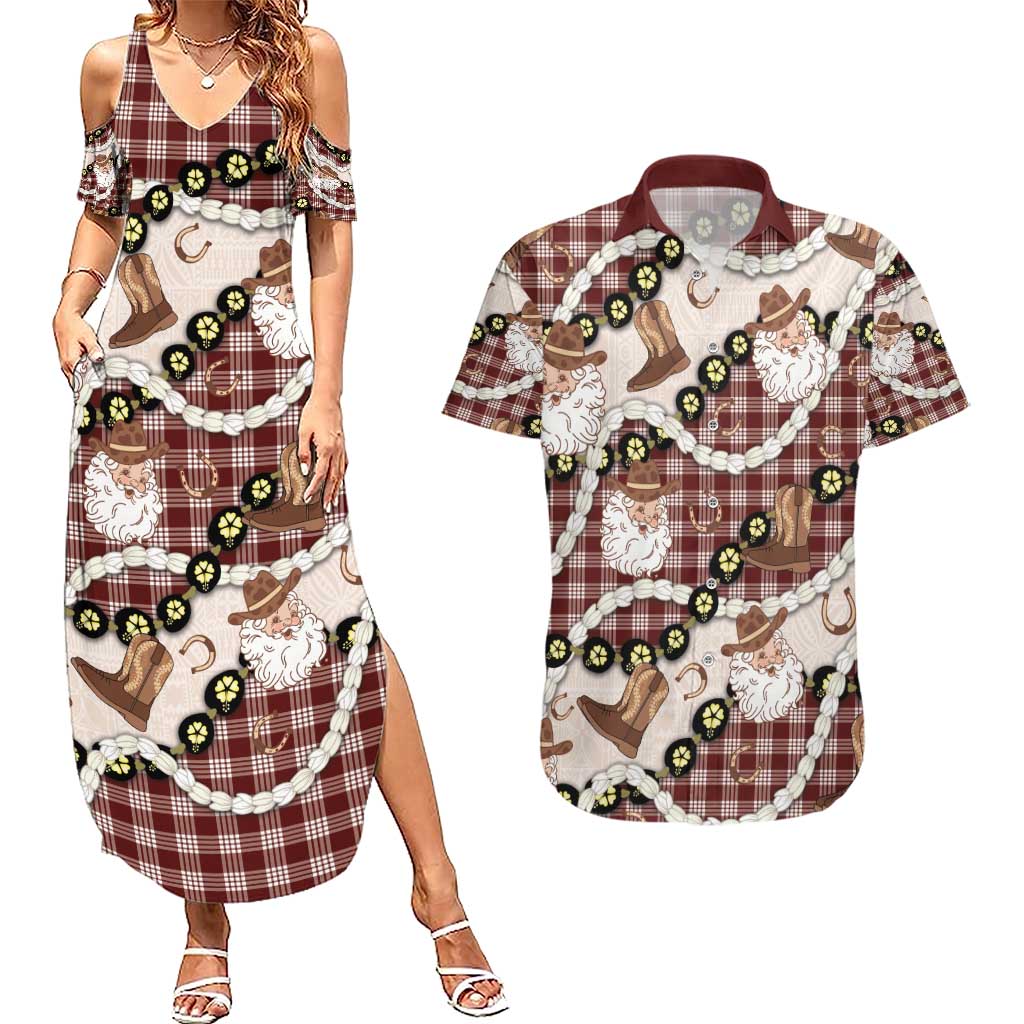 Cowboy Hawaii Mele Kalikimaka Couples Matching Summer Maxi Dress and Hawaiian Shirt Paniolo Kukui Nut Pikake Lei Burgundy Version - Polynesian Pride