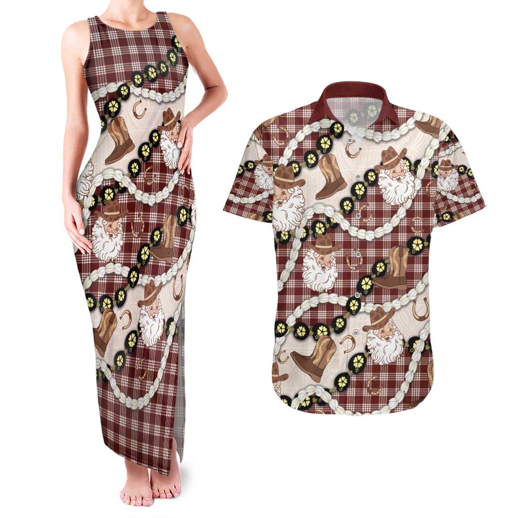 Cowboy Hawaii Mele Kalikimaka Couples Matching Tank Maxi Dress and Hawaiian Shirt Paniolo Kukui Nut Pikake Lei Burgundy Version - Polynesian Pride