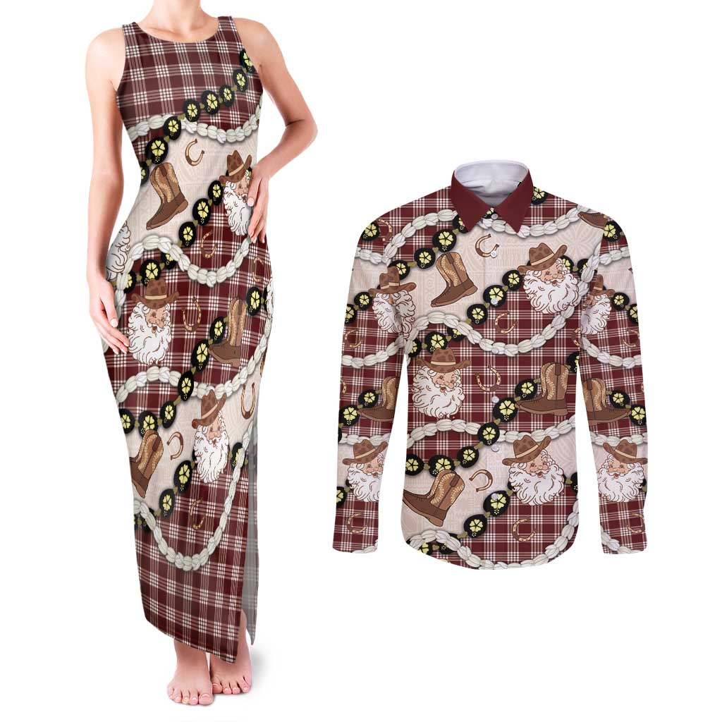Cowboy Hawaii Mele Kalikimaka Couples Matching Tank Maxi Dress and Long Sleeve Button Shirt Paniolo Kukui Nut Pikake Lei Burgundy Version - Polynesian Pride