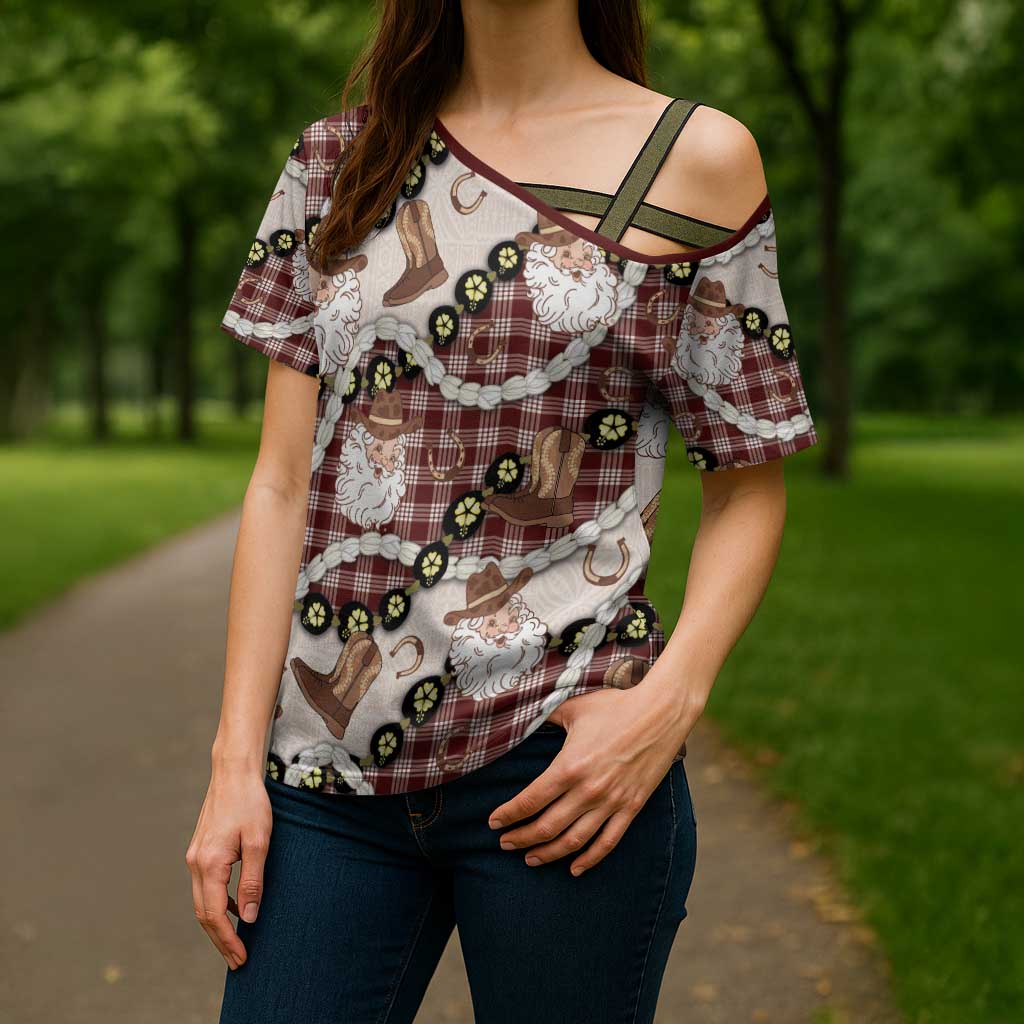 Cowboy Hawaii Mele Kalikimaka Cross Shoulder Shirt Paniolo Kukui Nut Pikake Lei Burgundy Version - Polynesian Pride