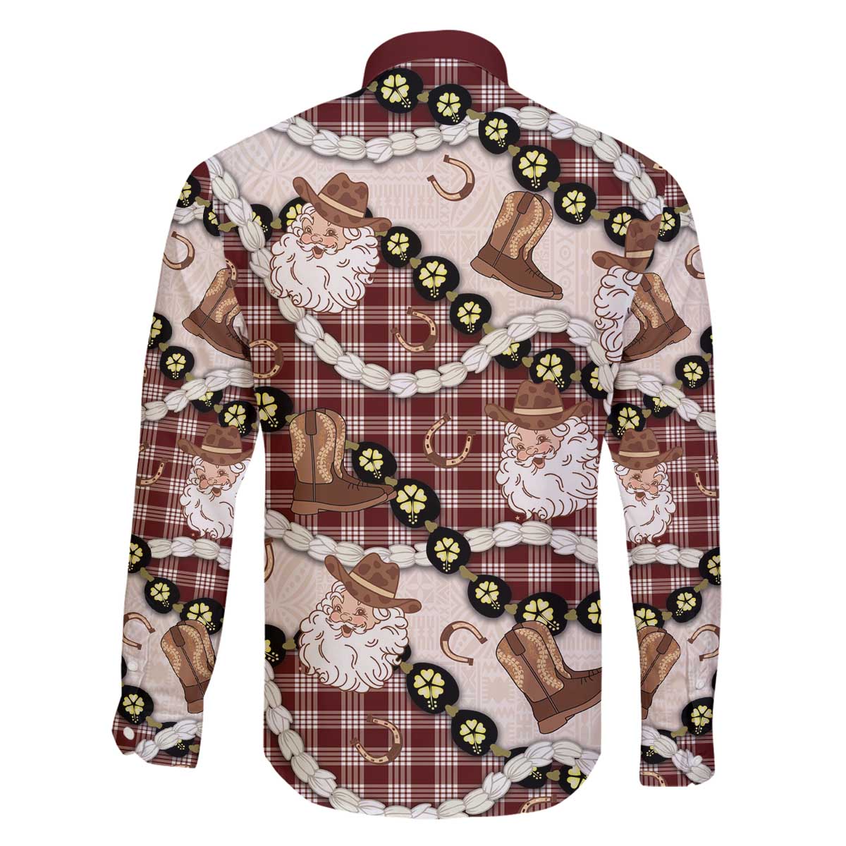 Cowboy Hawaii Mele Kalikimaka Family Matching Off The Shoulder Long Sleeve Dress and Hawaiian Shirt Paniolo Kukui Nut Pikake Lei Burgundy Version - Polynesian Pride