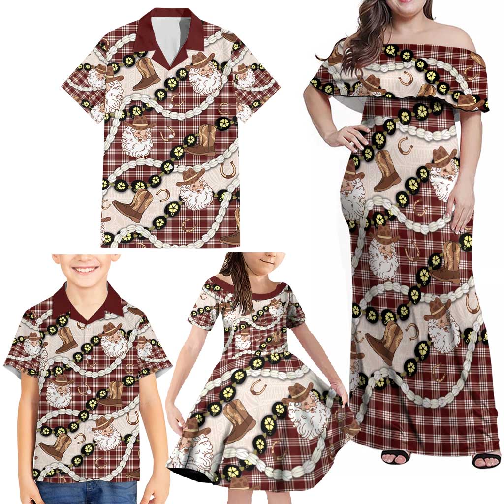 Cowboy Hawaii Mele Kalikimaka Family Matching Off Shoulder Maxi Dress and Hawaiian Shirt Paniolo Kukui Nut Pikake Lei Burgundy Version - Polynesian Pride