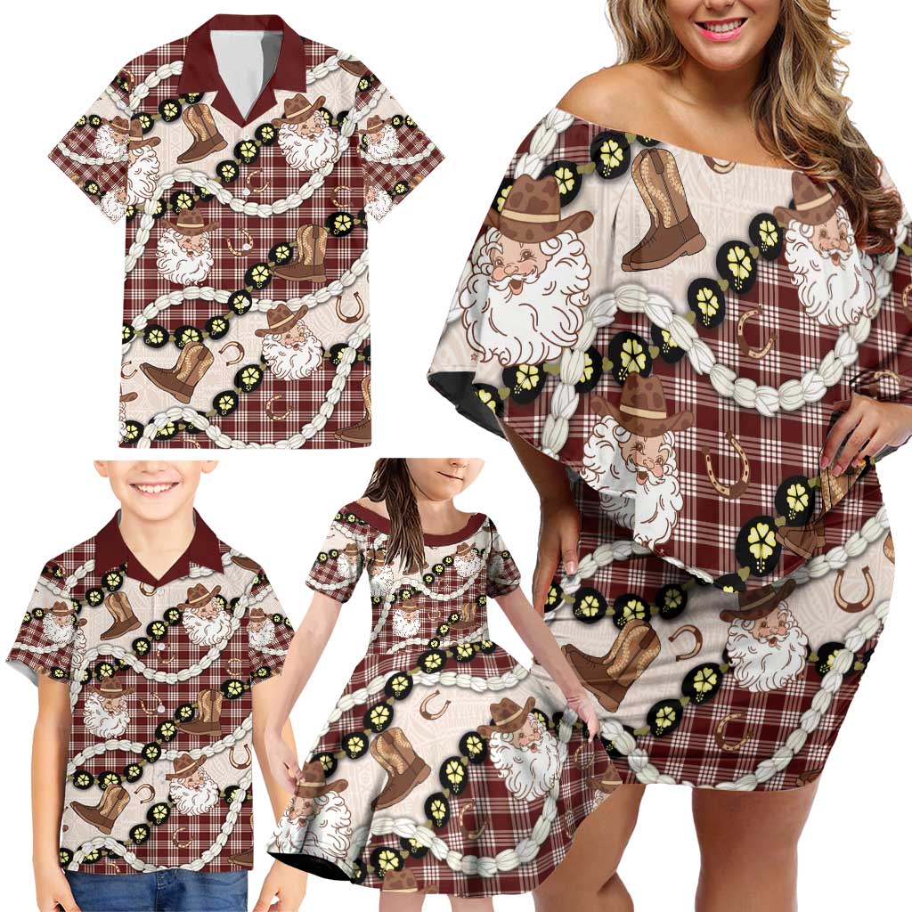 Cowboy Hawaii Mele Kalikimaka Family Matching Off Shoulder Short Dress and Hawaiian Shirt Paniolo Kukui Nut Pikake Lei Burgundy Version - Polynesian Pride