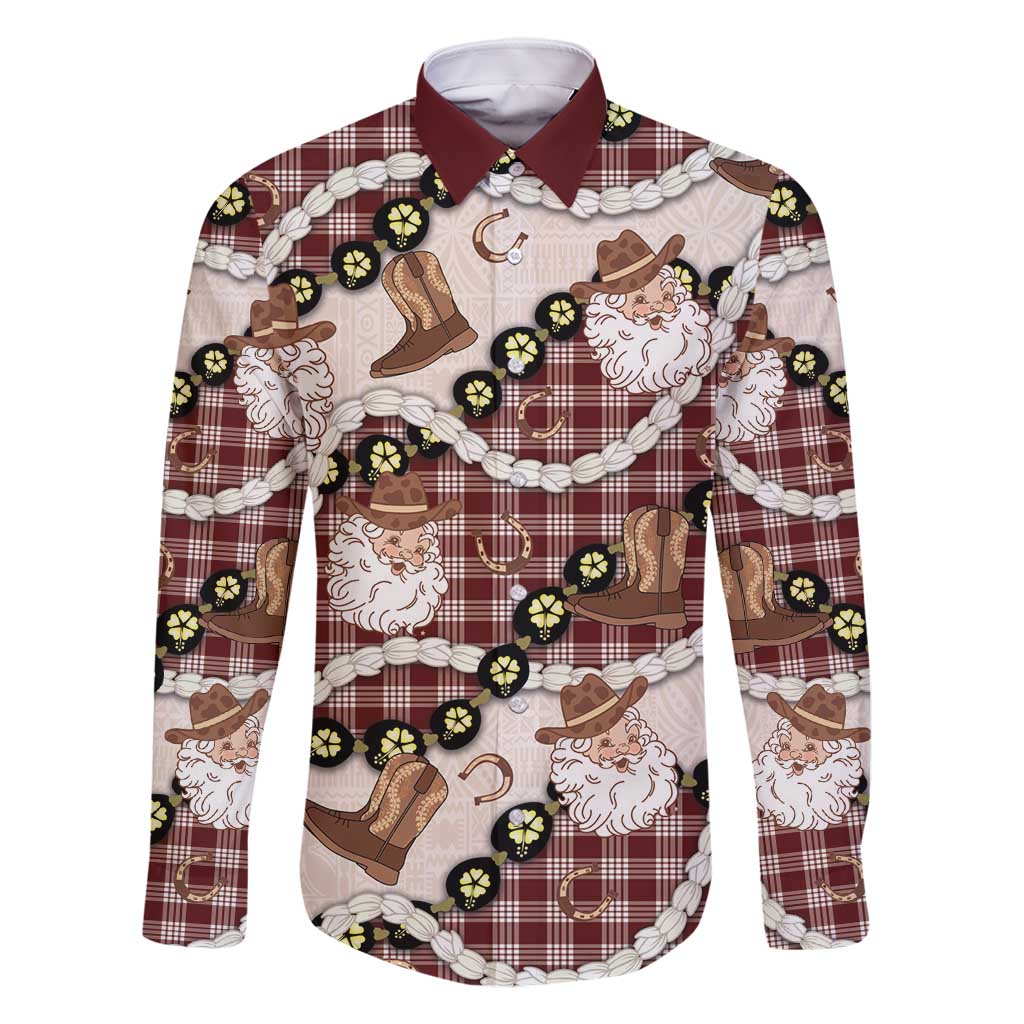 Cowboy Hawaii Mele Kalikimaka Family Matching Off Shoulder Short Dress and Hawaiian Shirt Paniolo Kukui Nut Pikake Lei Burgundy Version - Polynesian Pride