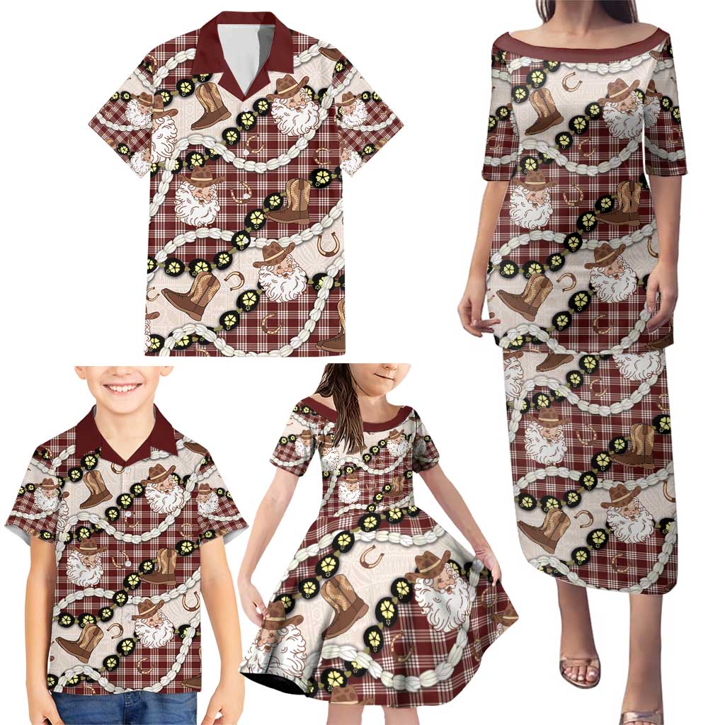 Cowboy Hawaii Mele Kalikimaka Family Matching Puletasi and Hawaiian Shirt Paniolo Kukui Nut Pikake Lei Burgundy Version - Polynesian Pride