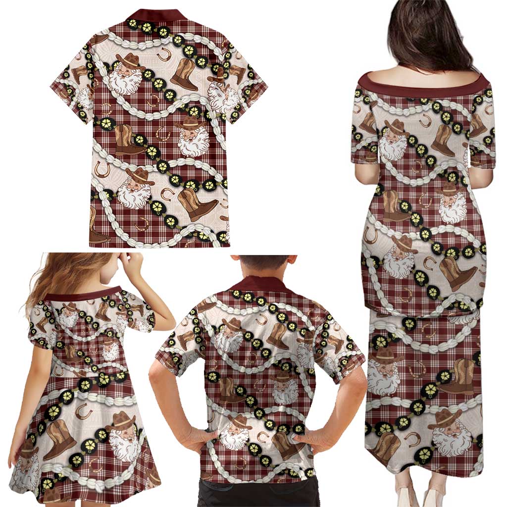 Cowboy Hawaii Mele Kalikimaka Family Matching Puletasi and Hawaiian Shirt Paniolo Kukui Nut Pikake Lei Burgundy Version - Polynesian Pride