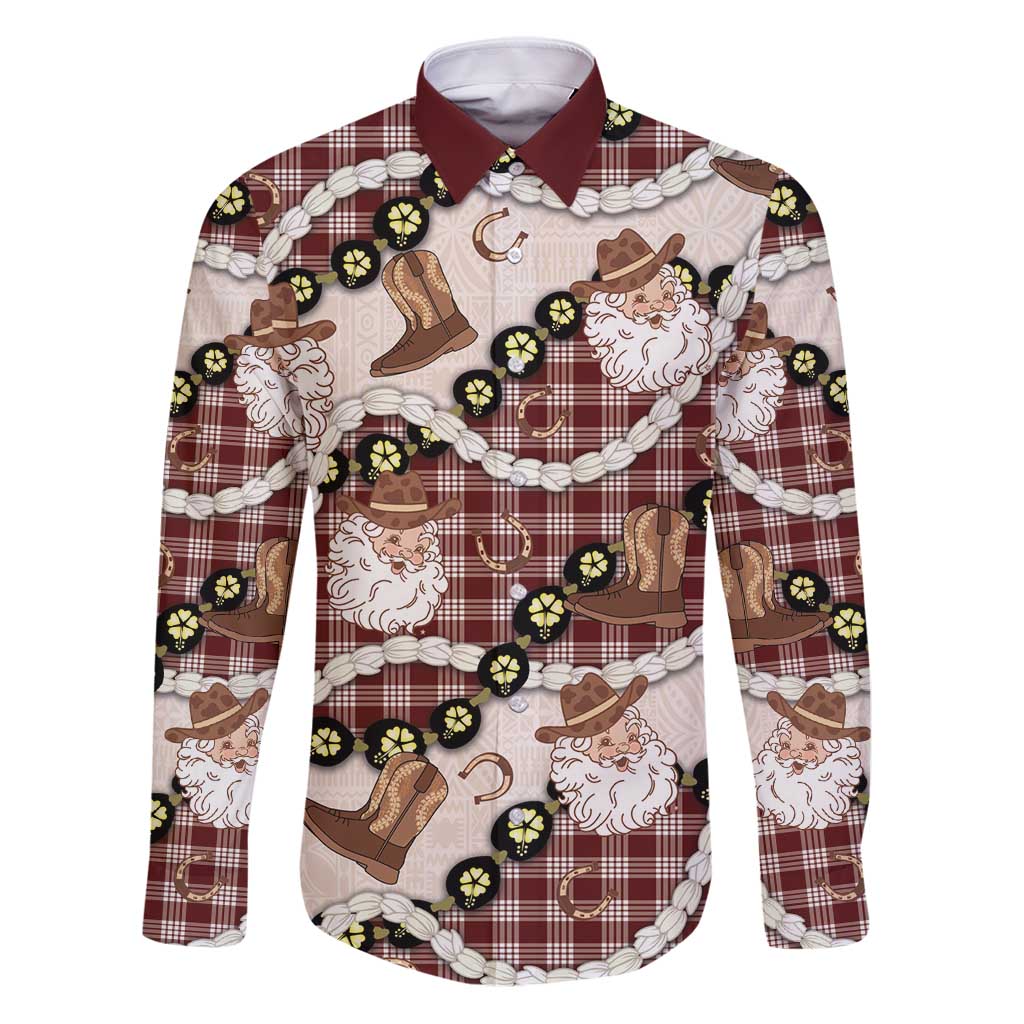 Cowboy Hawaii Mele Kalikimaka Family Matching Puletasi and Hawaiian Shirt Paniolo Kukui Nut Pikake Lei Burgundy Version - Polynesian Pride