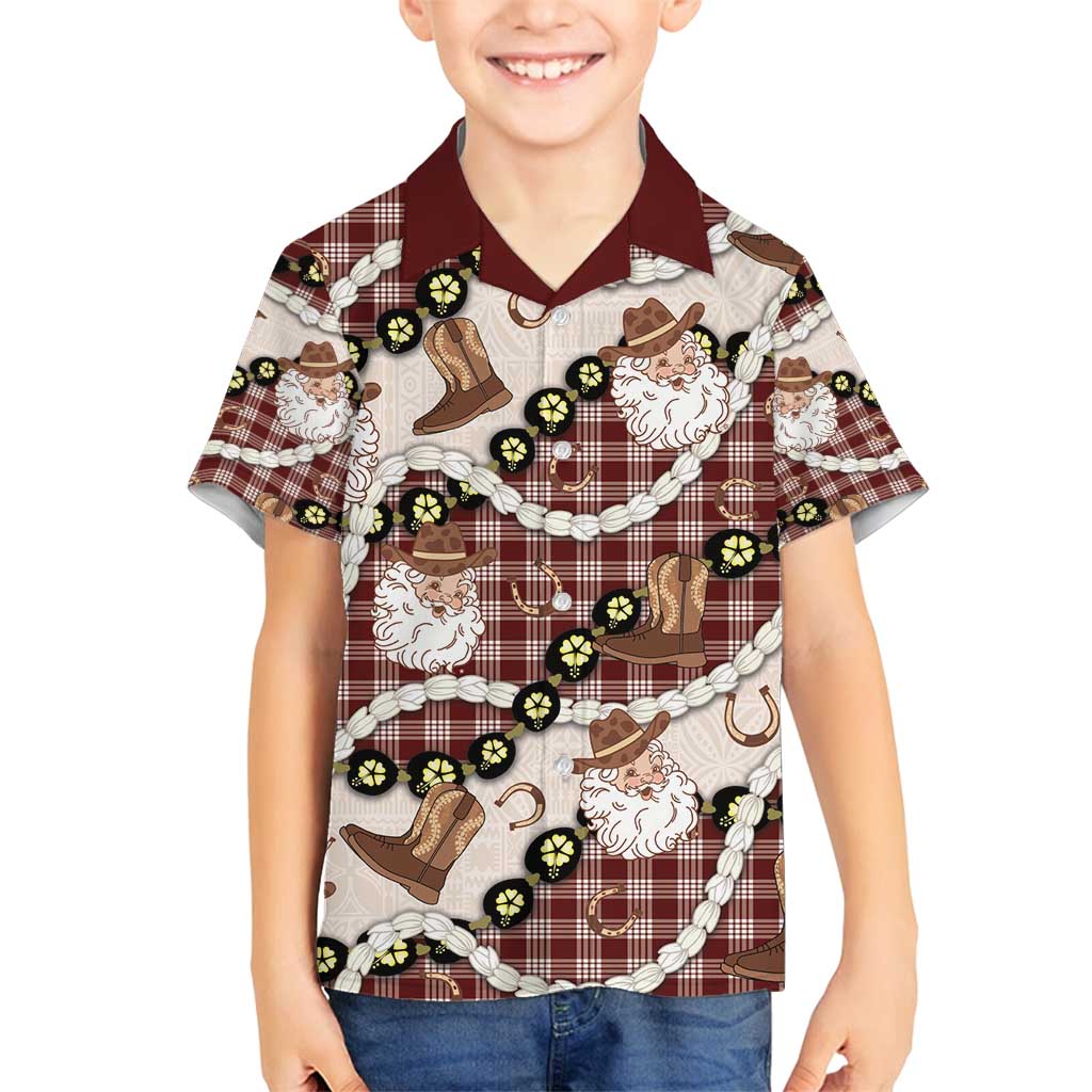 Cowboy Hawaii Mele Kalikimaka Family Matching Puletasi and Hawaiian Shirt Paniolo Kukui Nut Pikake Lei Burgundy Version - Polynesian Pride