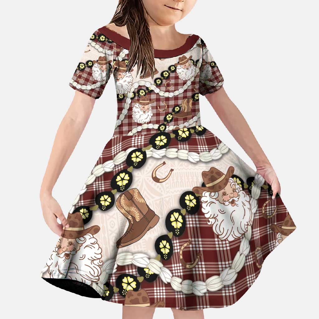 Cowboy Hawaii Mele Kalikimaka Family Matching Short Sleeve Bodycon Dress and Hawaiian Shirt Paniolo Kukui Nut Pikake Lei Burgundy Version - Polynesian Pride