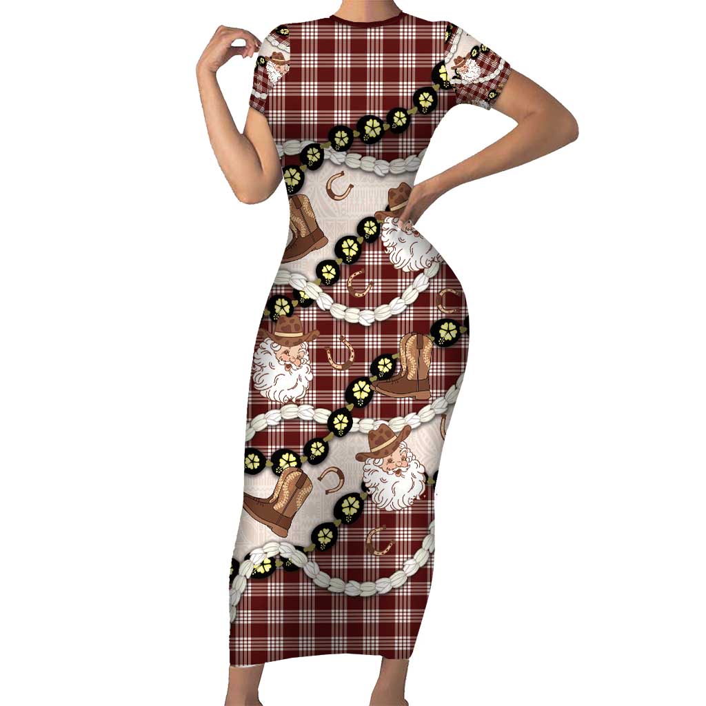 Cowboy Hawaii Mele Kalikimaka Family Matching Short Sleeve Bodycon Dress and Hawaiian Shirt Paniolo Kukui Nut Pikake Lei Burgundy Version - Polynesian Pride