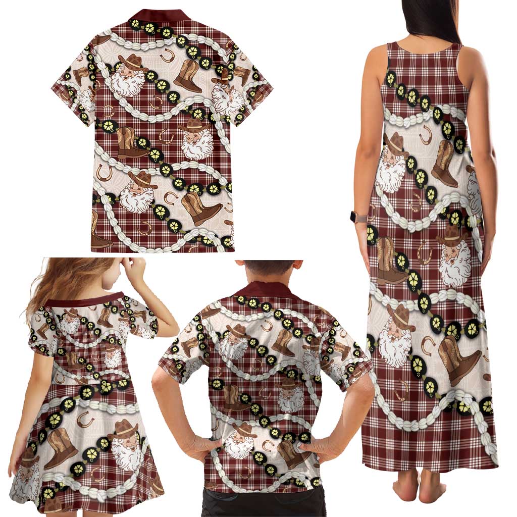 Cowboy Hawaii Mele Kalikimaka Family Matching Tank Maxi Dress and Hawaiian Shirt Paniolo Kukui Nut Pikake Lei Burgundy Version - Polynesian Pride
