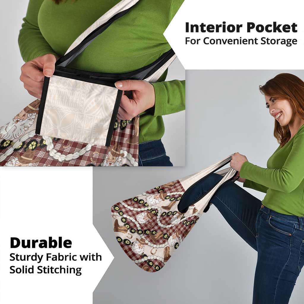 Cowboy Hawaii Mele Kalikimaka Grocery Bag Paniolo Kukui Nut Pikake Lei Burgundy Version - Polynesian Pride