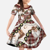 Cowboy Hawaii Mele Kalikimaka Kid Short Sleeve Dress Paniolo Kukui Nut Pikake Lei Burgundy Version - Polynesian Pride