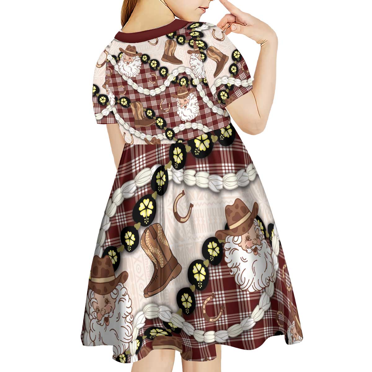 Cowboy Hawaii Mele Kalikimaka Kid Short Sleeve Dress Paniolo Kukui Nut Pikake Lei Burgundy Version - Polynesian Pride