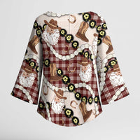 Cowboy Hawaii Mele Kalikimaka Kimono Sleeve Blouse Paniolo Kukui Nut Pikake Lei Burgundy Version - Polynesian Pride