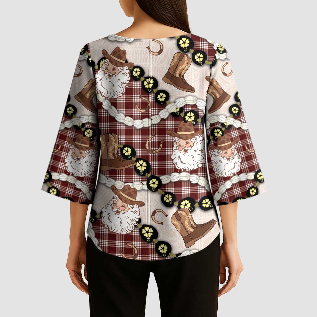 Cowboy Hawaii Mele Kalikimaka Kimono Sleeve Blouse Paniolo Kukui Nut Pikake Lei Burgundy Version - Polynesian Pride