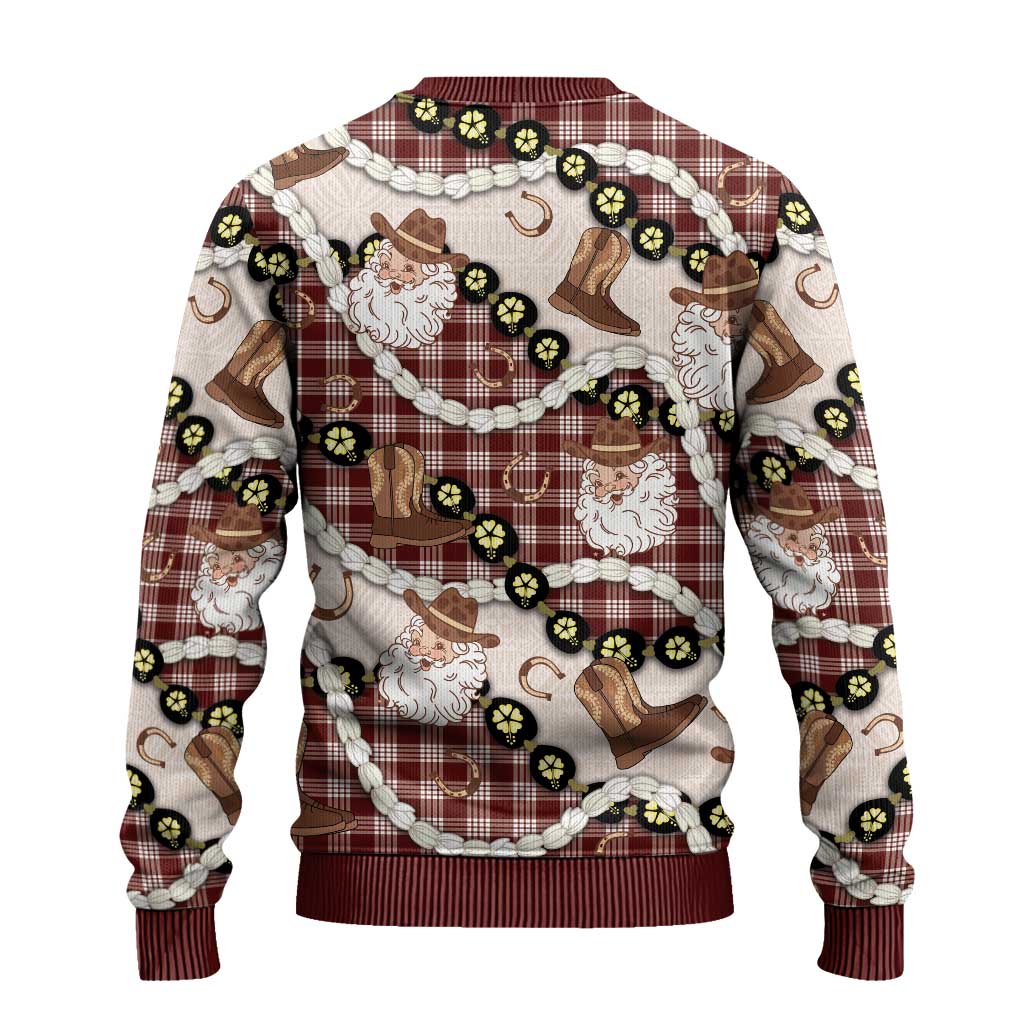 Cowboy Hawaii Mele Kalikimaka Ugly Christmas Sweater Paniolo Kukui Nut Pikake Lei Burgundy Version - Polynesian Pride
